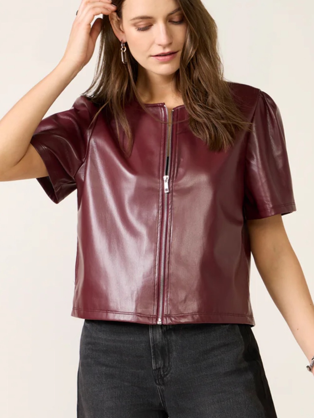 MELISSA NEPTON Antonin Burgundy Vegan Leather Short-Sleeve Zip Jacket, size L